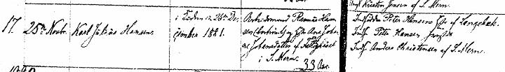 daabcarl.jpg - Karl Julius dåb,  født 25 Nov. 1881.Arbejdsmand Rasmus Hansen (bortrejst) og Ane Johanne Johansdatter af Fattighuset i S. Mern.   33 aar.Fadder: